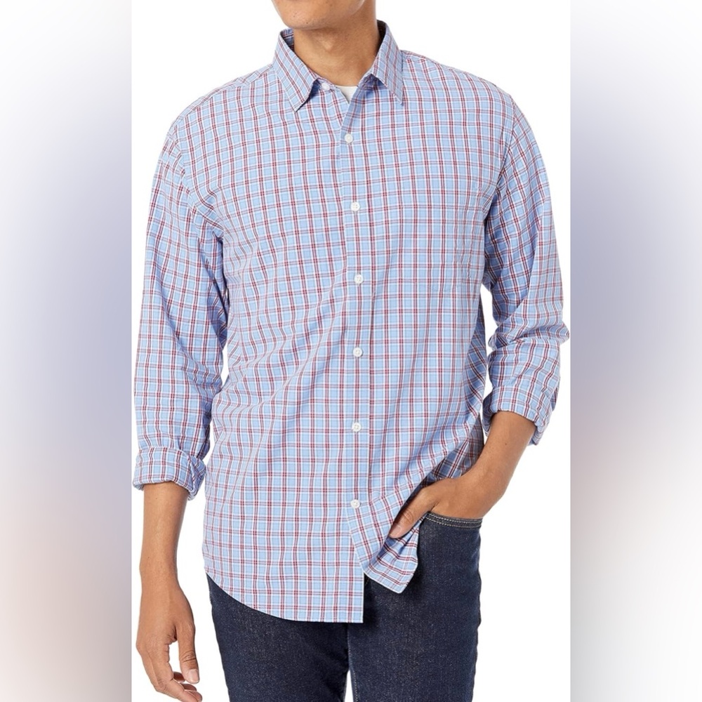 Amazon Essentials Blue and Red Plaid Casual Button-Down Shirt. Size Large